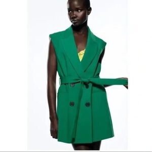 NEW without Tags- Zara Green Double Breasted Sleeveless Belted Blazer Dress